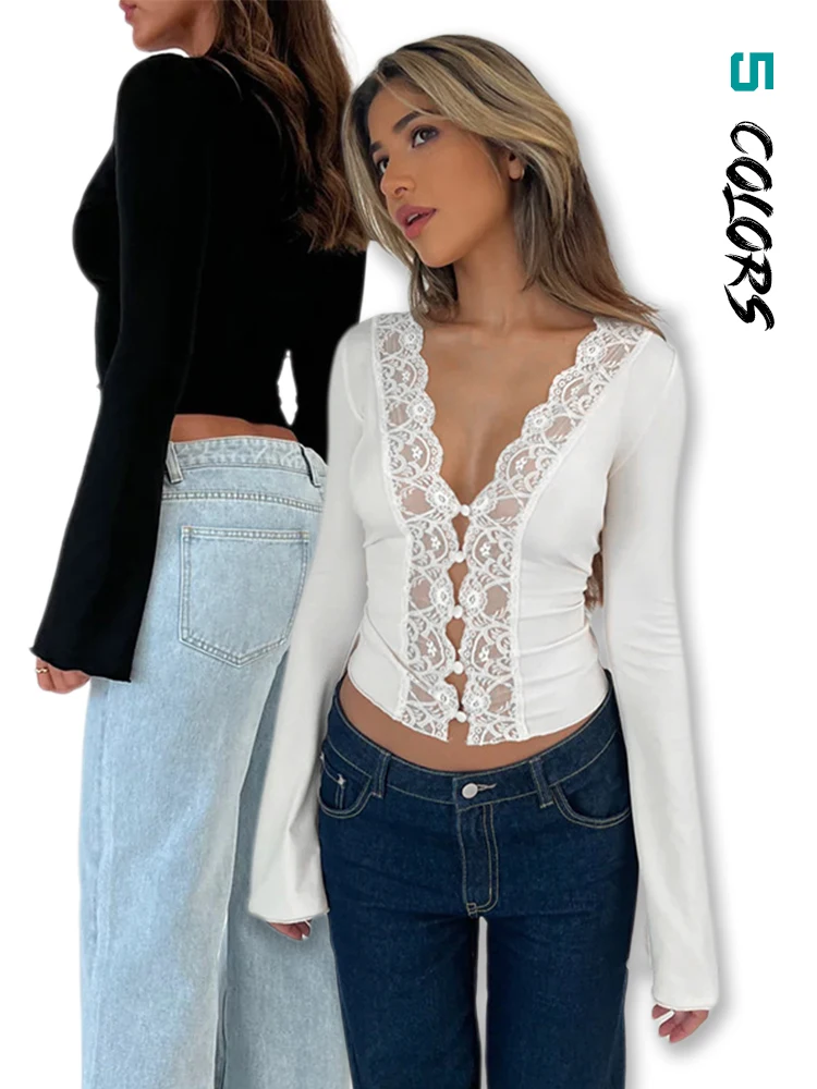 

Women's Lace Slim Tops Shirt Loose Stitching V-neck Long Sleeve Cardigan Chiffon Shirt Fall Top Simple Elegant Street Blouse