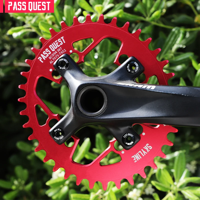 PASS QUEST-Narrow Wide Chainring, Monoplate Sprocket for MTB Road Bike, 28-38T Chainwheel, Black and Red, 3 Mount Monoplate Spro