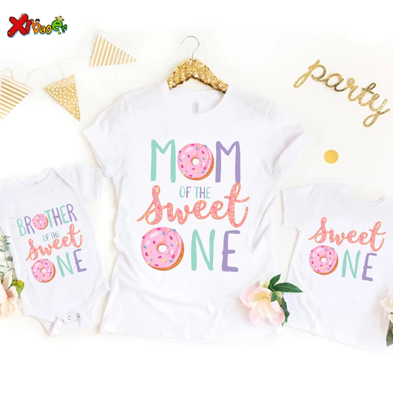 Donut Sweet One Family Shirt Girl Birthday Party Matching Clothes Outfit Kids Baby Jumpsuit Custom Name Shirt Mam Dad Son Tshirt