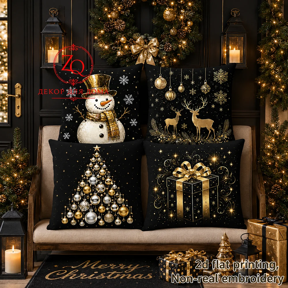 Christmas Black Pillow Covers Snowman Reindeer Tree Gift Decorative Throw Pillow Cases Sofa Couch Bedroom Holiday Home Decor