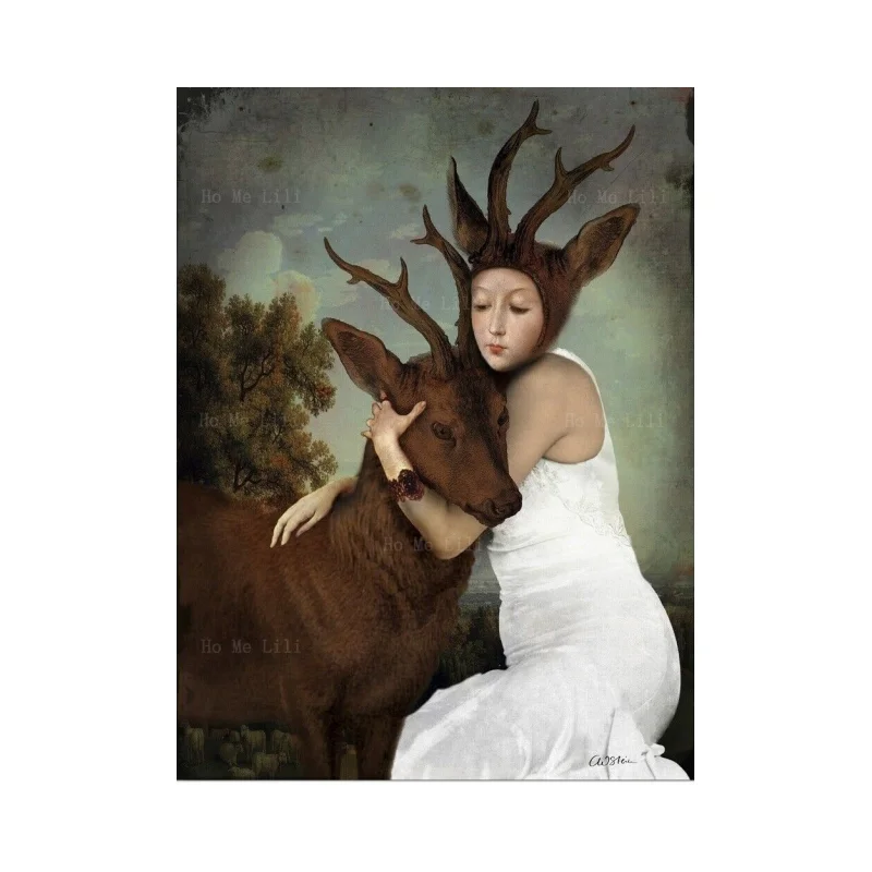 Holding An Elk And A Woman With Antlers And She's Wearing A White Dress Room Wall Is Decorated With By Ho Me Lili