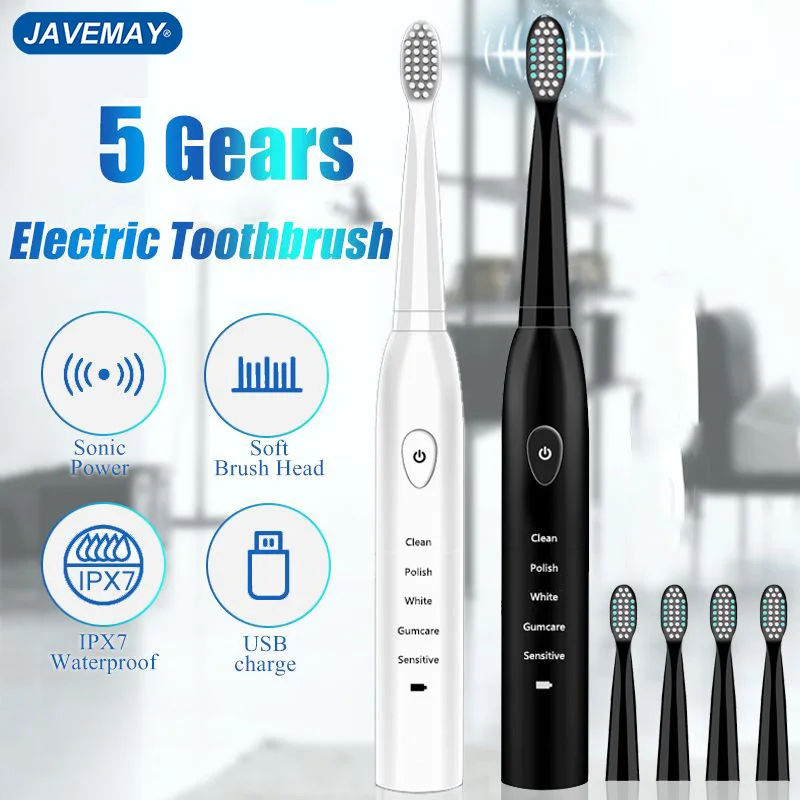 Poderosa escova de dentes elétrica sônica ultrassônica, carga usb, recarregável, lavável, clareamento eletrônico, 8 peças, cabeças de escova de