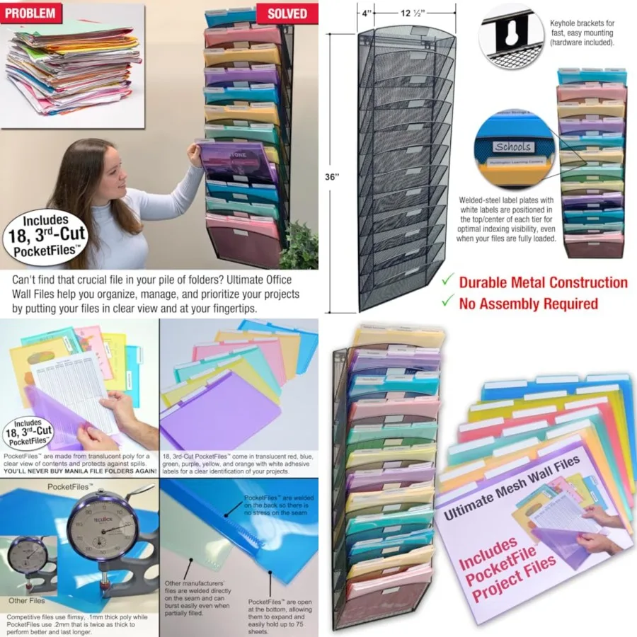 

Mesh Wall File Organizer, 12 Tier Vertical Mount Hanging File Sorter. Multipurpose Display Rack Includes 18, 3rd Cut PocketFile