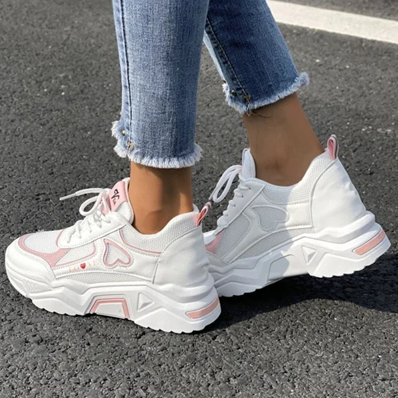 heart white pink platform sneakers Lace-up Front Wedge Sneakers Women Breath Thick Bottom Shoes Lace-Up Flat Leisure Shoes