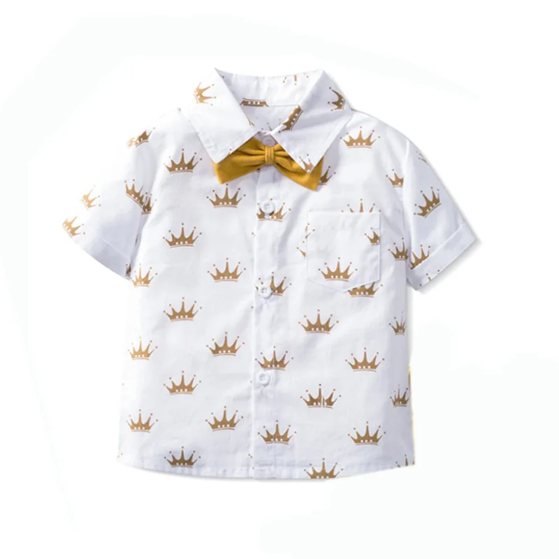 Boys Sets Clothing Summer Crown Print Polo T-Shirt White Shorts Yellow Bowtie Children\'s Clothing For Boy Kids Clothes Boys