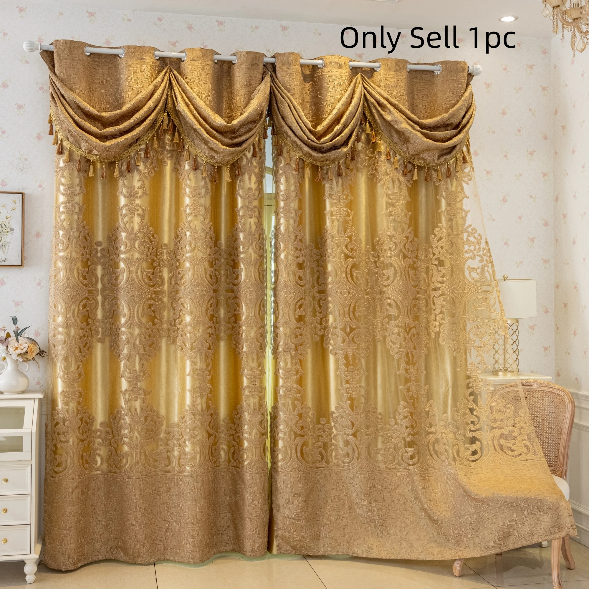 1pc Neo-Classical Gold Jacquard Curtains, Grommet Top Double Layer Blackout With Valance For Living Room