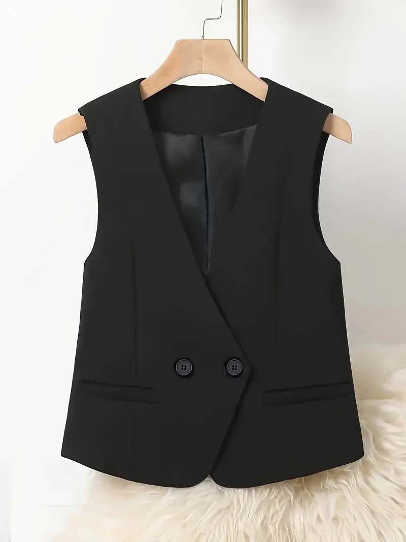 Vintage Suit Waistcoat Fashion Simple Double Breasted Elegant Women\'s Sleeveless Vest Casual Solid Color Slim-fit Small Coat