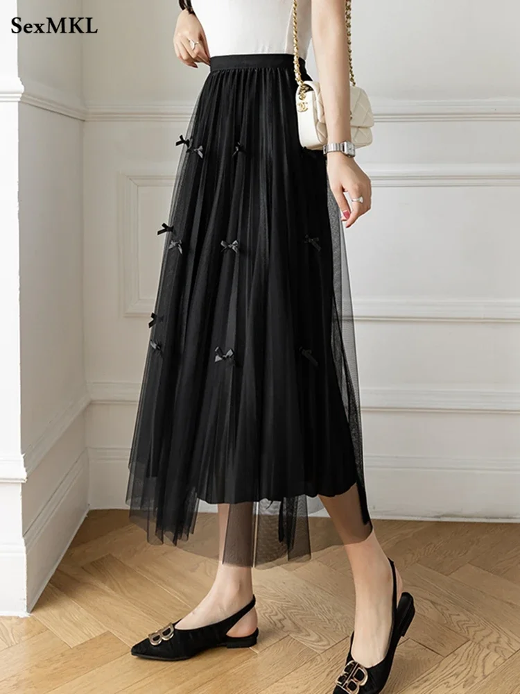 Elastic Waist Pleasted Tulle Skirts Women Korean Fashion Clothes Casual Bow Black Faldas Elegant Mid Length Y2k A Line Skirt