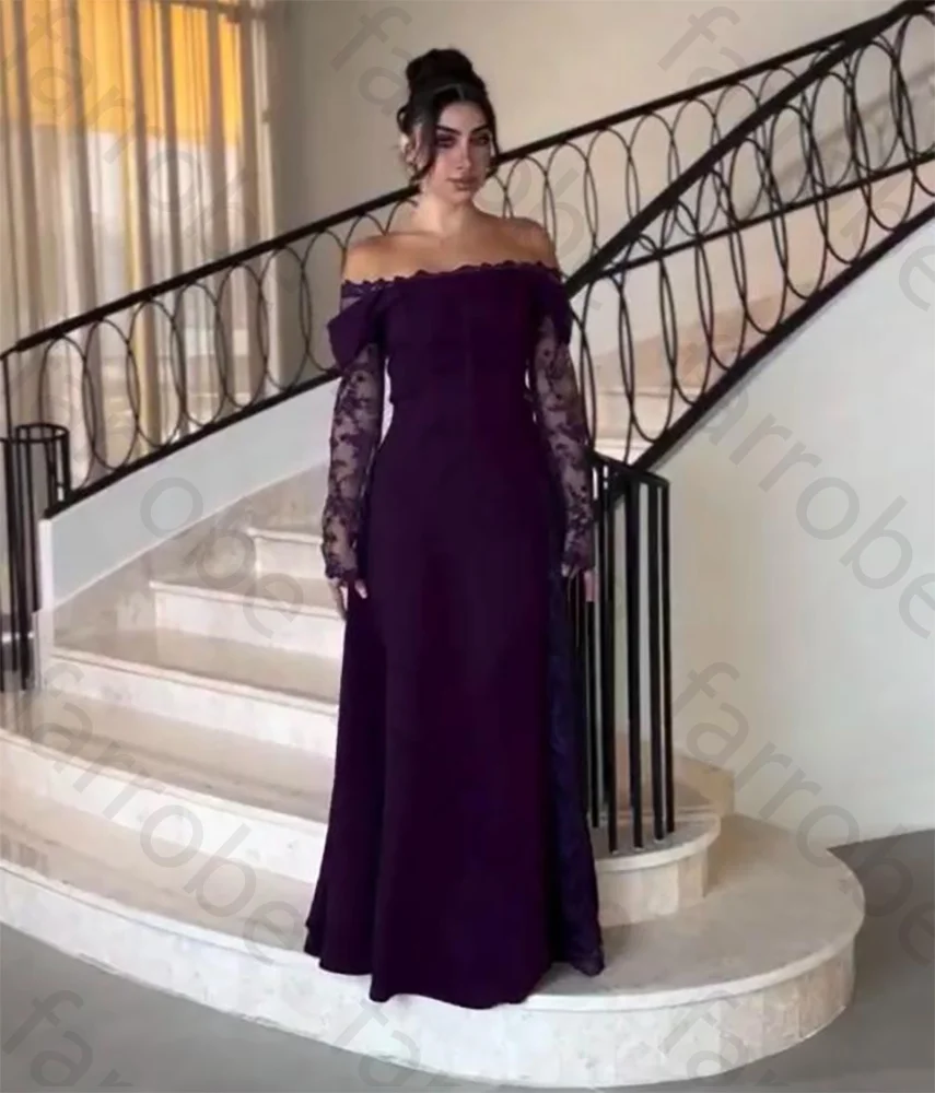

Customized Neck Off The Shoulder Long Sleeves Jersey Evening Dress Graceful Lace Pleats Exquisite Formal Party Gown for Women