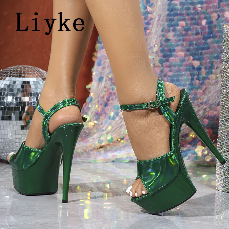 Liyke Brand Design Patent Leather Women Sexy 15CM Fetish Sandals Summer Peep Toe Green High Heels Wedding Stripper Platform Shoe