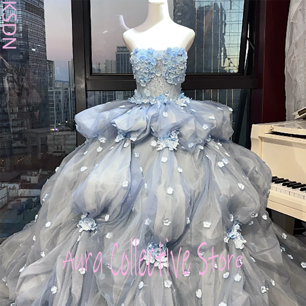 

Роскошное светло-голубое женское бальное платье с 3D цветочным принтом и кружевными деталями, без бретелек, без рукавов, многослойные тюлевые платья для выпускного вечера с рюшами