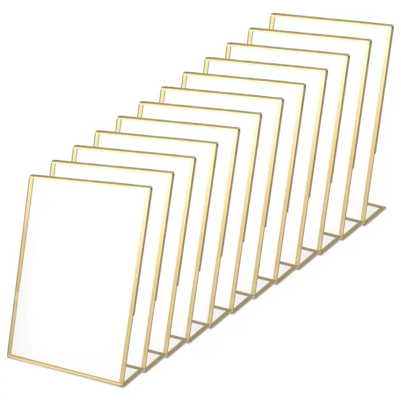 A23E-12Pcs Acrylic Sign Holder,Double Sided Gold Photo Frame With Vertical Holder,Wedding Table Number Holder,Menu Holder