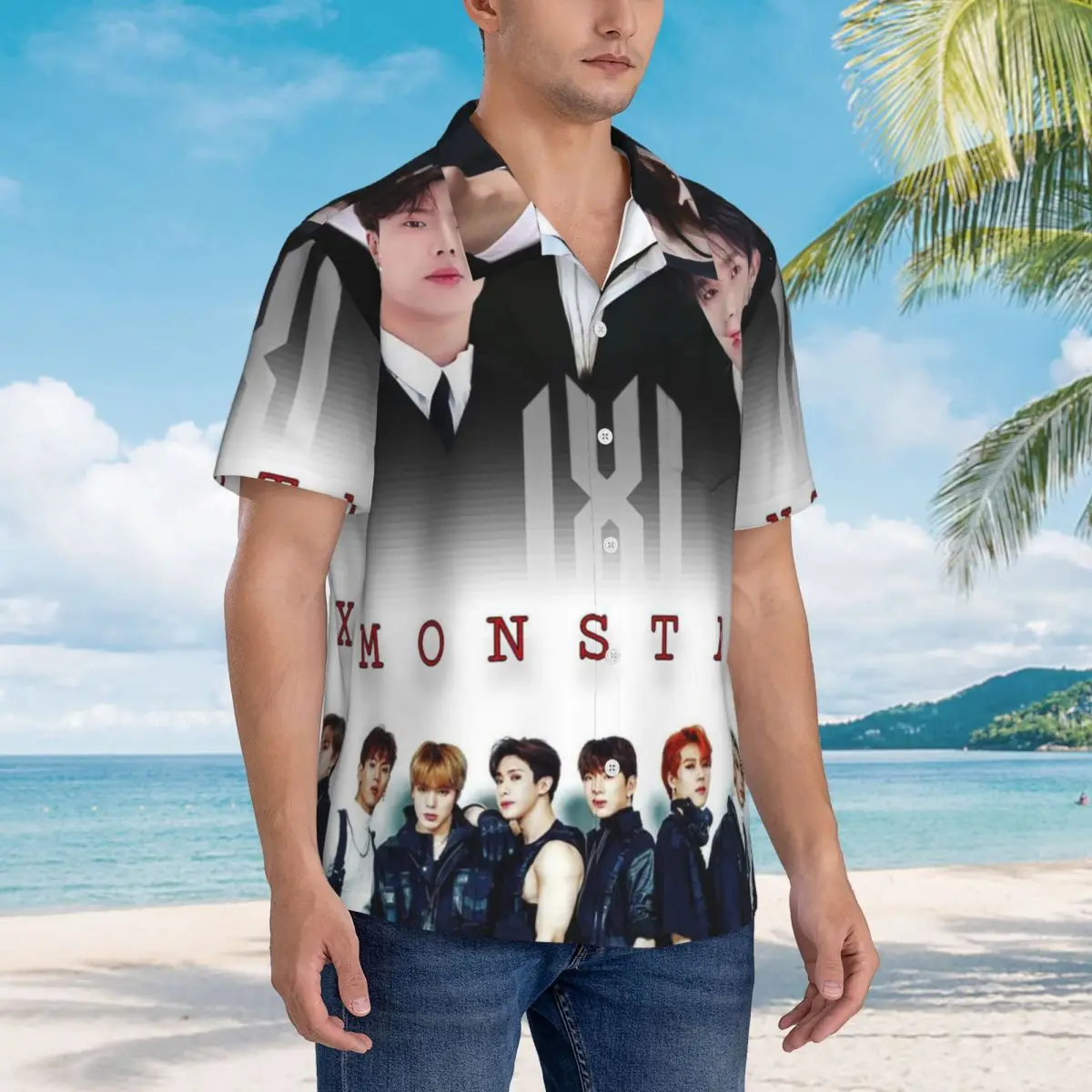 

Monsta X Kpop Hawaiian Shirts Casual Men Short Sleeve Shirt for Summer Beach Men's Button Tops