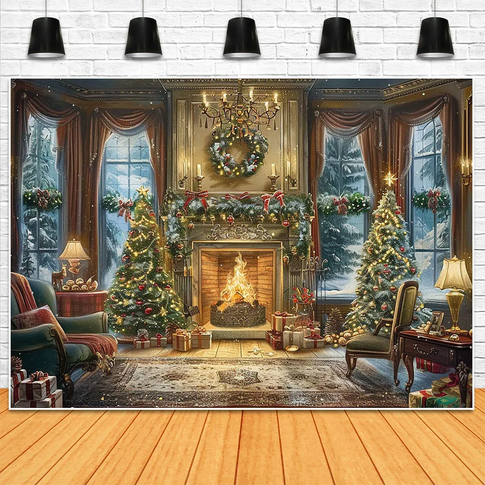 Mocsicka Christmas Family Portrait Photo Background Fireplace Xmas Tree Garland Indoor Festival Photography Backdrop Shoot Props