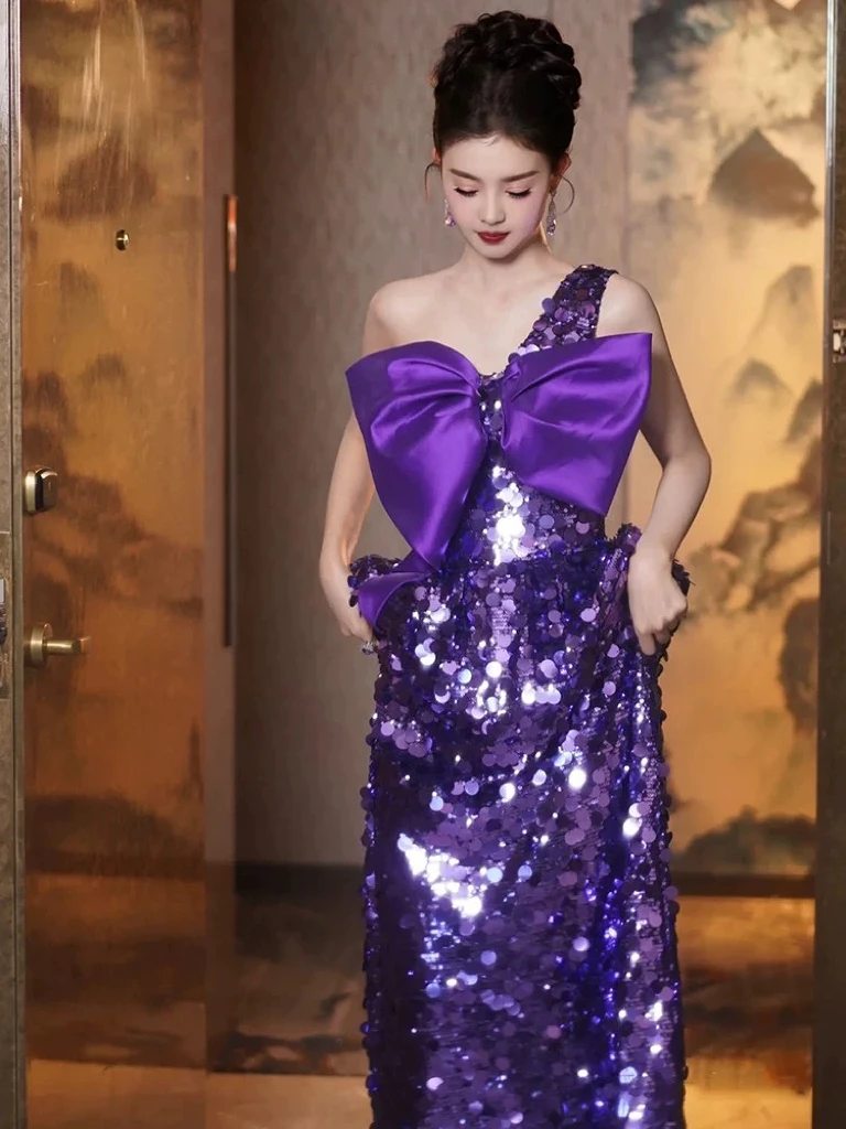 Sweet Purple Celebrity Dresses One Shoulder Bow Sequins Sleeveless Shiny Wedding Party Host Formal Occasion Evening Gowns New