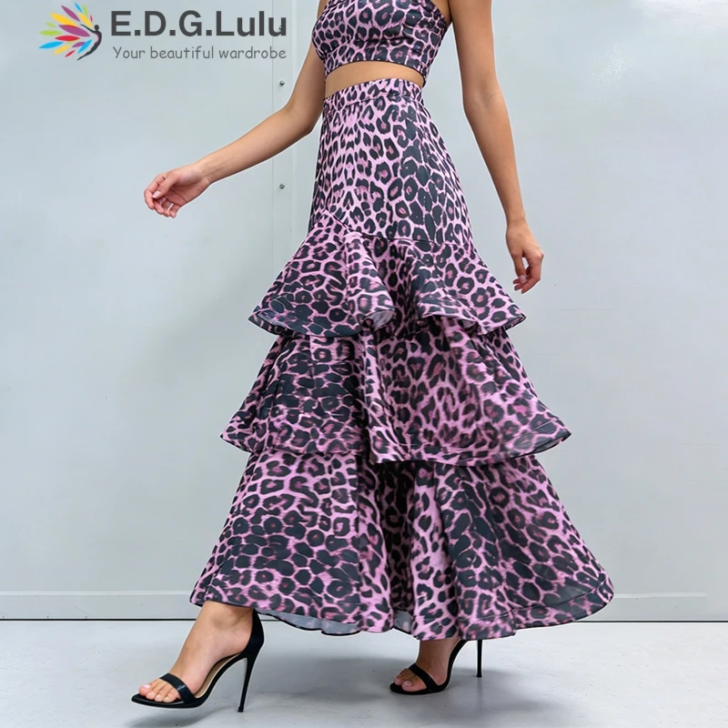 EDGLuLu Fashion Design Stacked Ruffle Irregular Long Skirt For Women Spring 2026 High Waisted Leopard Print Long Skirt 0528