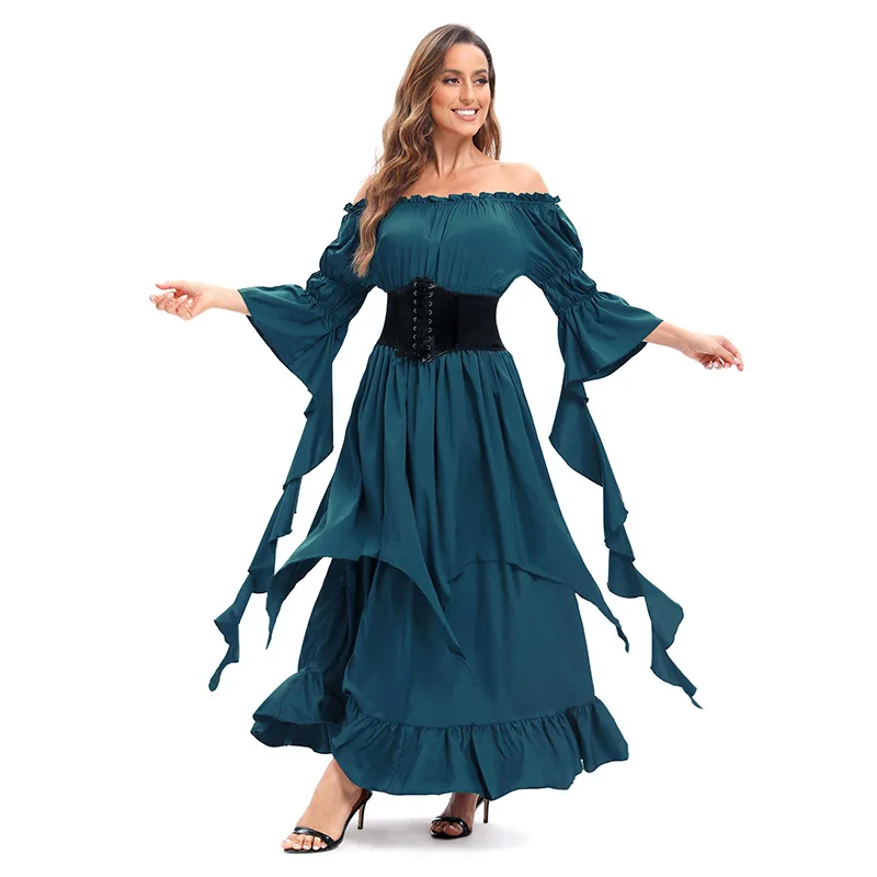 Medieval Dress Renaissance Costumes for Women Off Shoulder Corset Waist Shapewear Dress Halloween Red Black Green