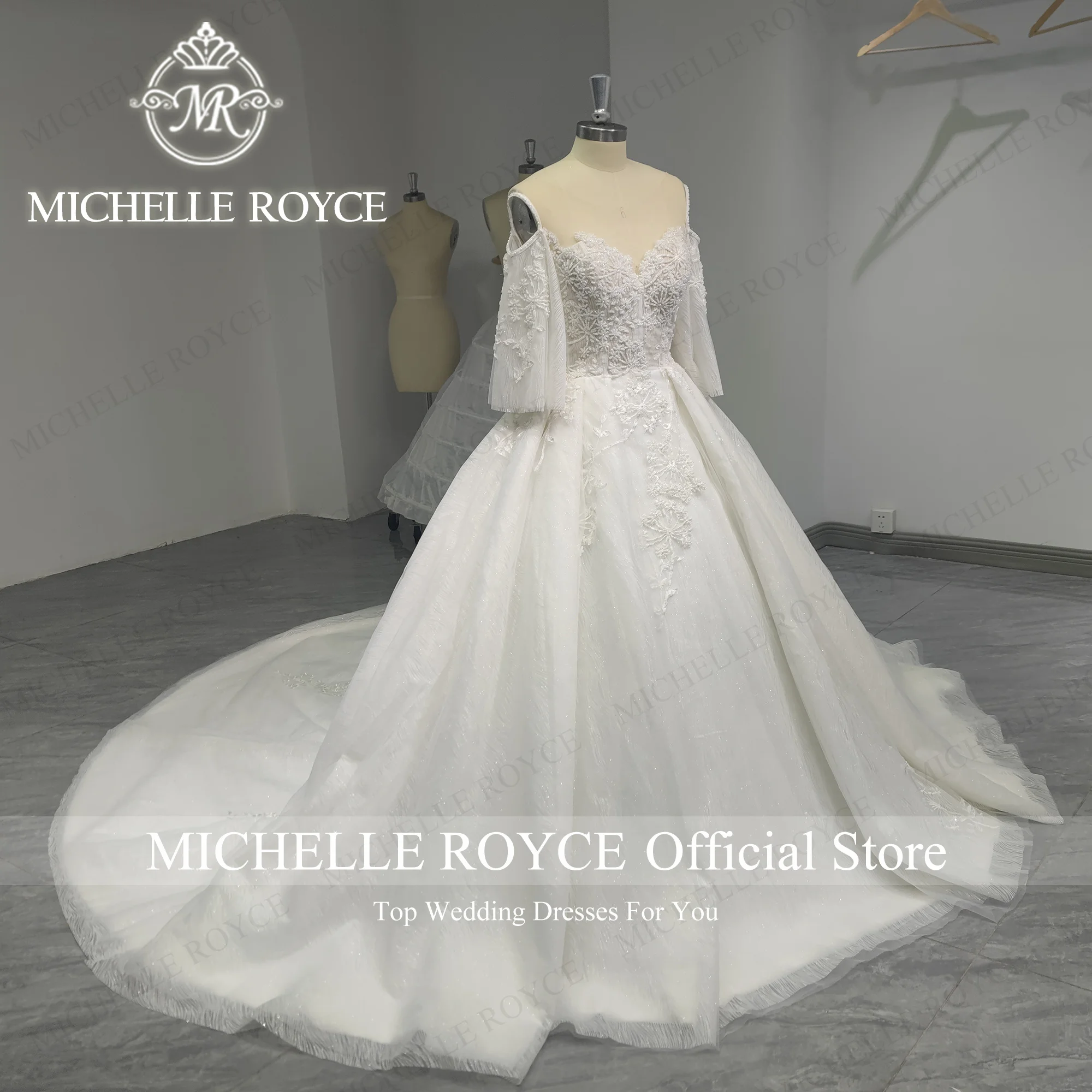 Michelle Royce-Robes de mariée A-ligne, Robe de mariée, Perles, Dos nu, Manches évasées, Élégantes, Éducatives, Vraies photos de travail