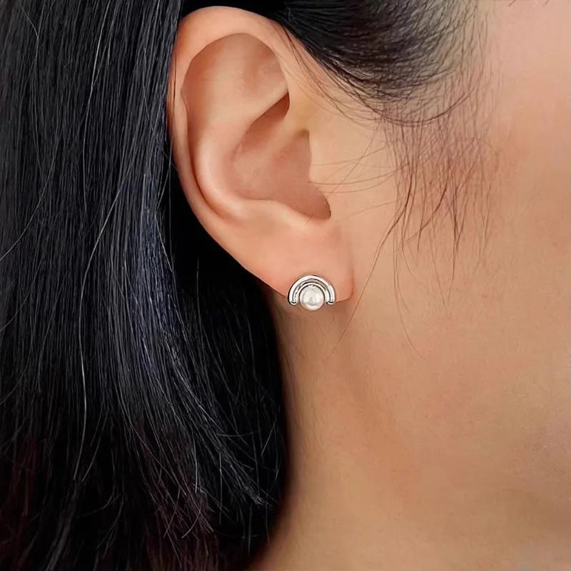 New 925 Sterling Silver Stud Earrings Pearl Semi Circle Small Punk Geometric For Women Girl Gift Jewelry Dropshipping Wholesale