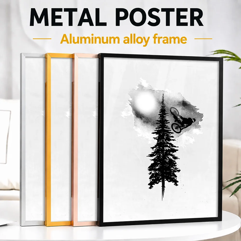 Mountain Biker Jumping Over Tree Framed Metal Poster Customized Monochrome Design Wall Art For Home Gym, Bike Enthusiast Gift