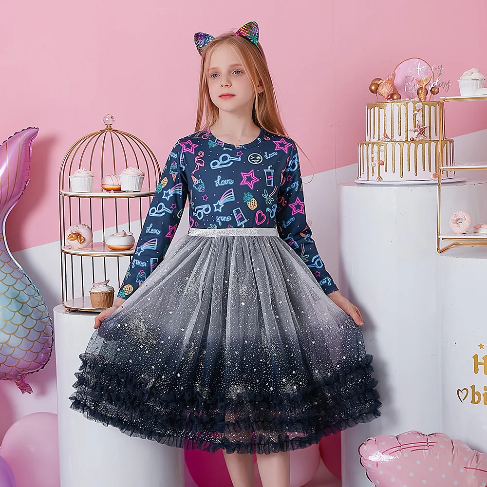 

VIKITA Girls Cartoon Print Dress Kids Gradient Party Performance Prom Gown Navy Blue Layered Tulle Tutu Mesh Princess Dresses