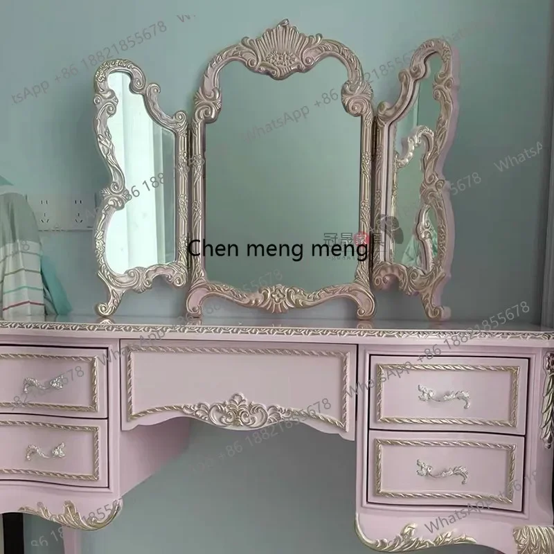 European retro three-sided folding mirror carved dresser makeup mirror desktop tri-fold mirror