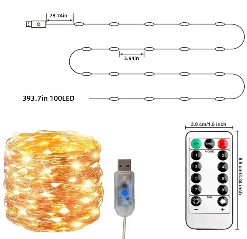 1PC10M100LED USB copper wire light string with 8 remote control modes,suitable for bedroom,wedding,party,holiday decoration