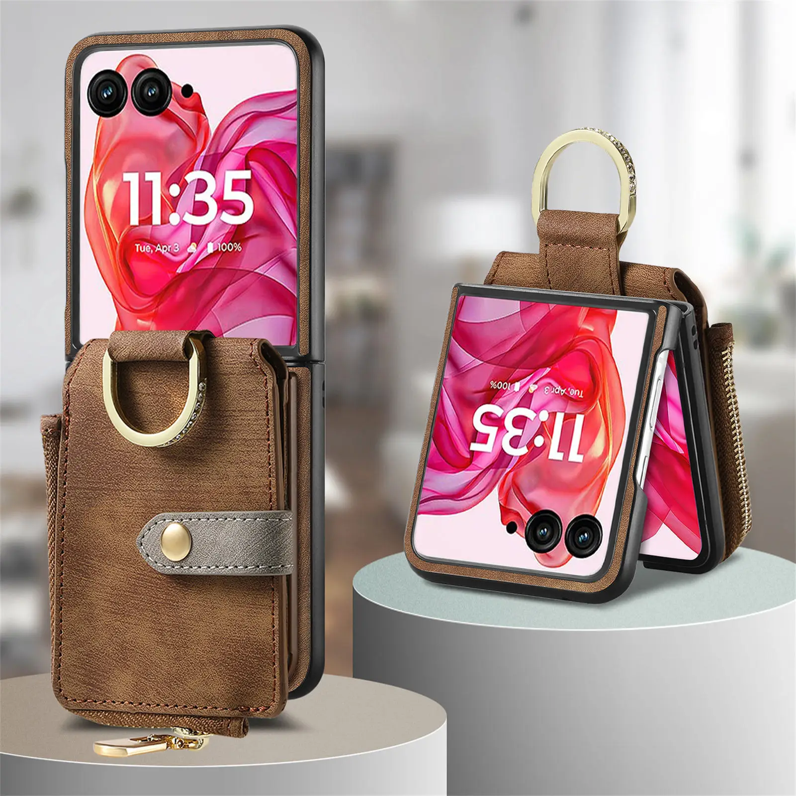 Capa de Telefone Luxuosa com Porta-Cartões para Motorola MOTO Razr 70 Plus 60 50 40 Ultra Pro 2026 em Couro PU com Anel e Carteira