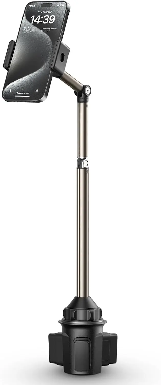 

Car cup holder and phone holder, a metal long arm ultra stable phone holder for car cup holders - adjustable for most phones