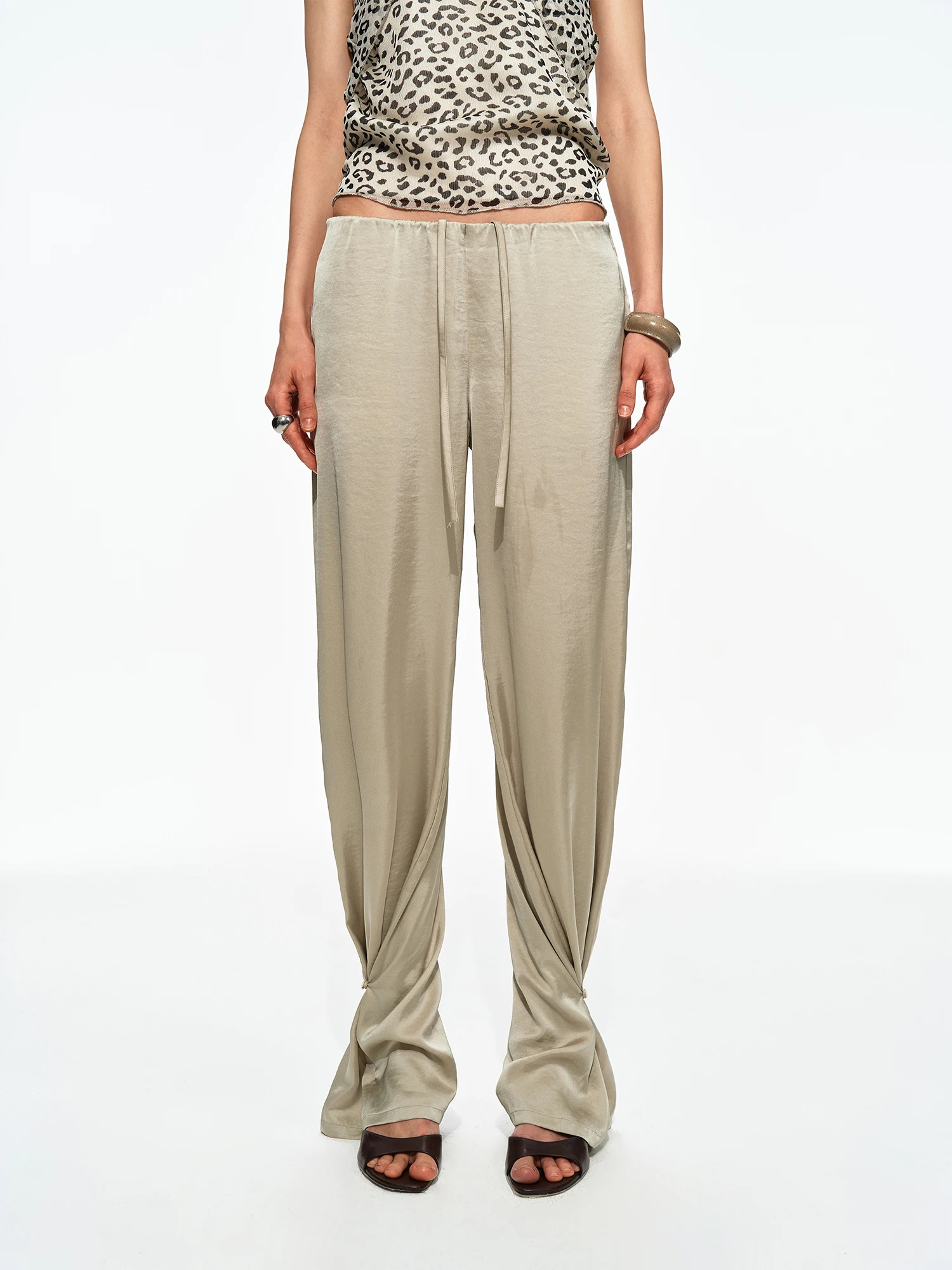 Casual Drawstring Satin Texture Pleated Loose Fit Low Waist Trousers Women's Fashionable Comfortable Leisure Pants PRRP