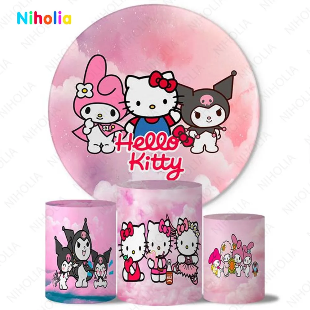 

Hello Kitty Backdrop Pink The First Girl Birthday Decoration Photo Background Cylinder Cover Round Baby Shower Studio Decor