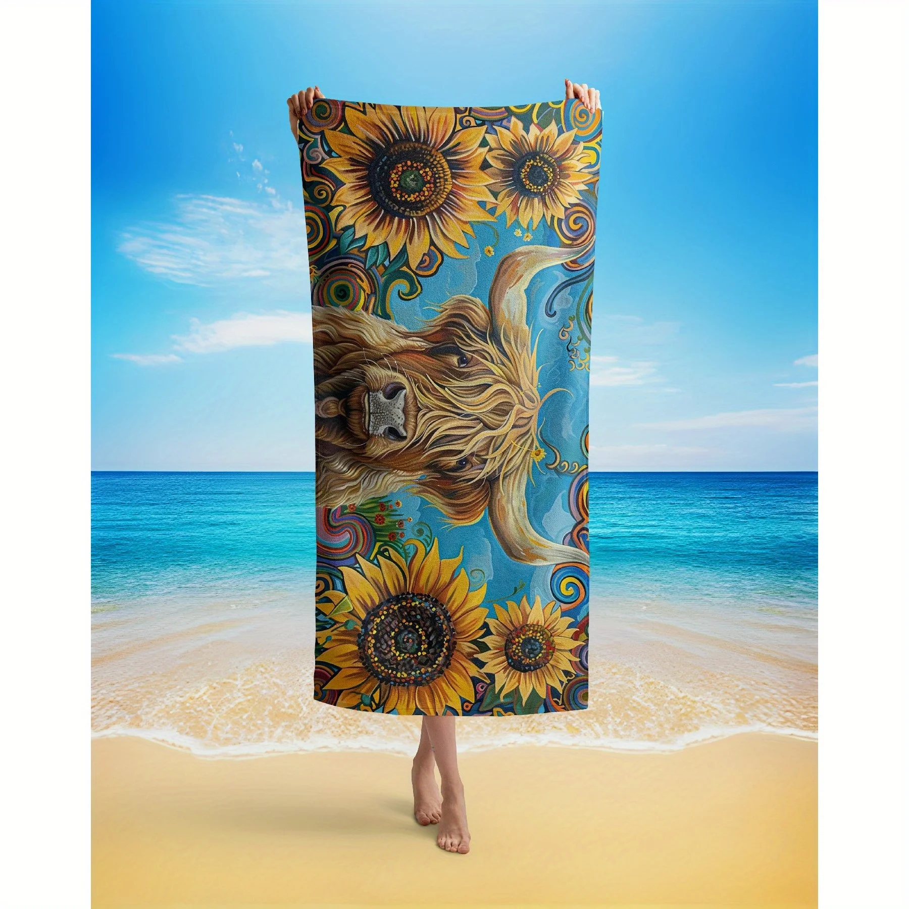 

1 х пляжное полотенце Bohemian Cow and Sunflower — полиэфирная ткань, можно стирать в машине, подходит для йоги, фитнеса, путешествий, плавания
