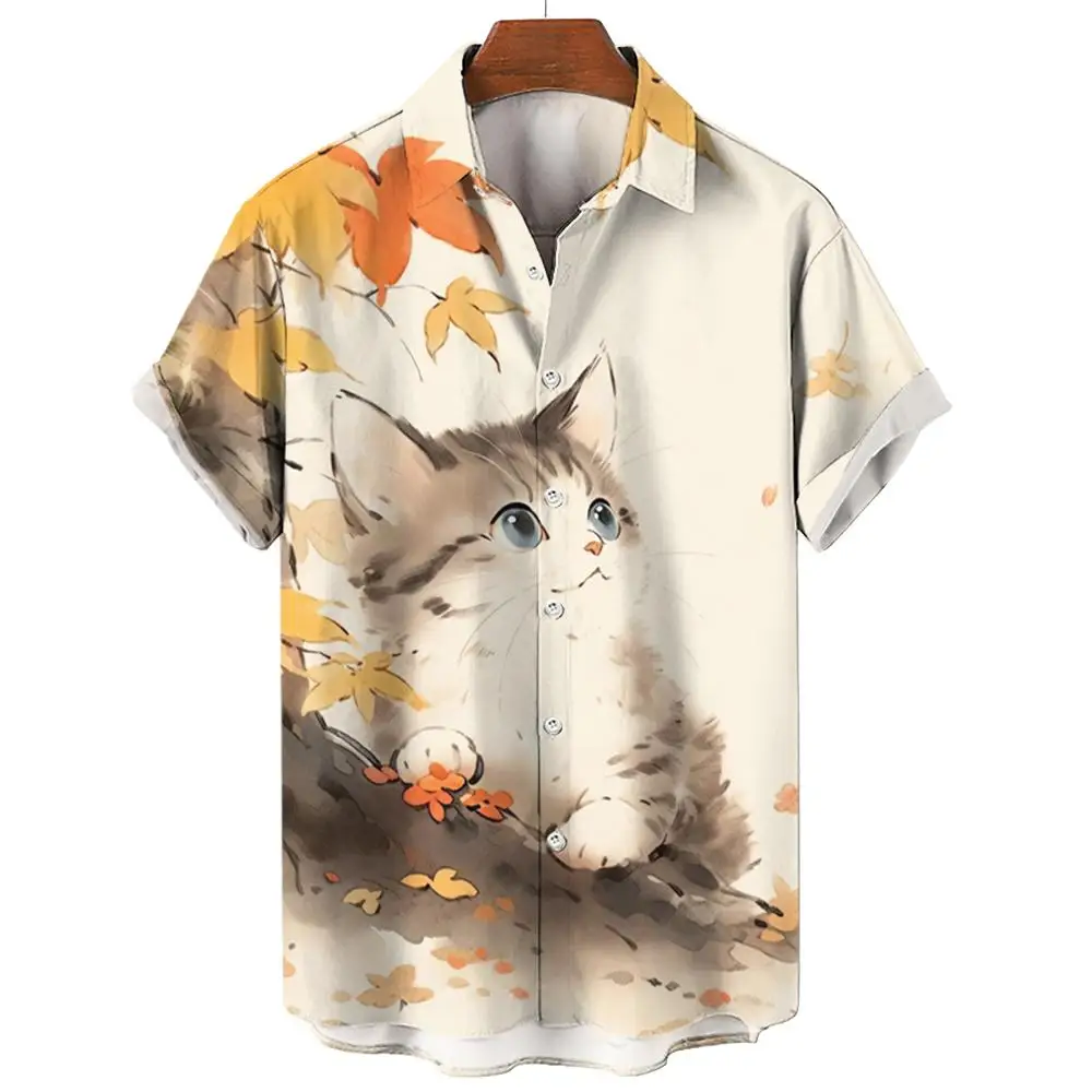 Animal Shirt For Men Cat Print Summer Casual Short Sleeve Hawaiian Men's Shirt Fashion Beach Travel Male Oversized Clothing