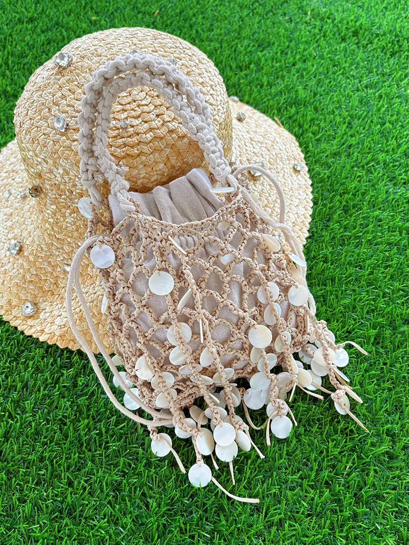 

New Sequin Clutch Handmade Hollow Woven Bags for Women Handbags Fish Scales Tassel Tote Bag Luxury Rope Knitting Shoulder Bag