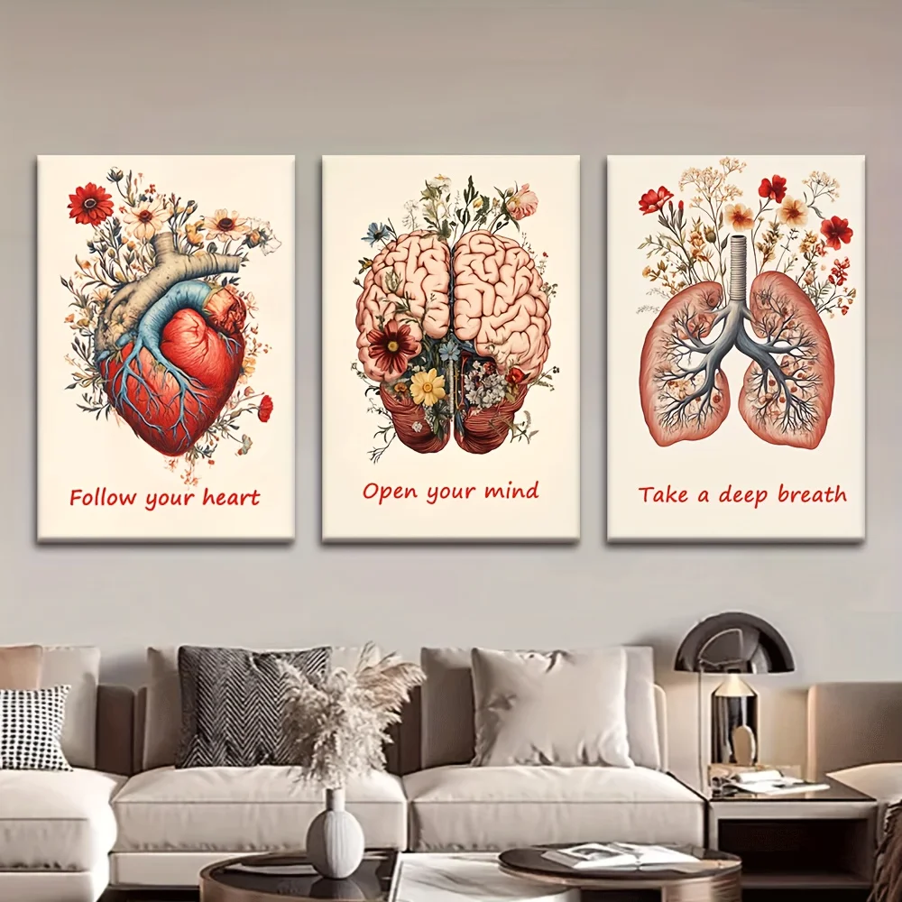 （Noframe 3PCS）-3pcs/Set, Canvas Painting--Unframed, Inspirational. Dissecting The Heart, Brain And Lungs, Posters And Prints,