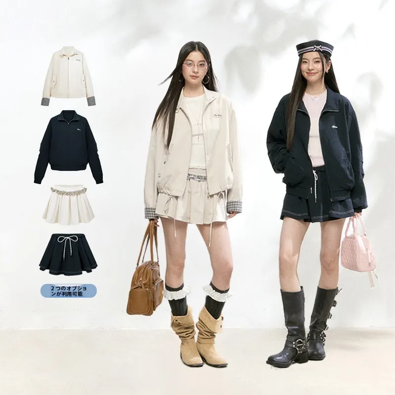

FPMZ Casual Style Jacket Outerwear Short Skirt Pants Set Women's Loose Fit Long Sleeve Zipper Closure Plaid Patterned Suit