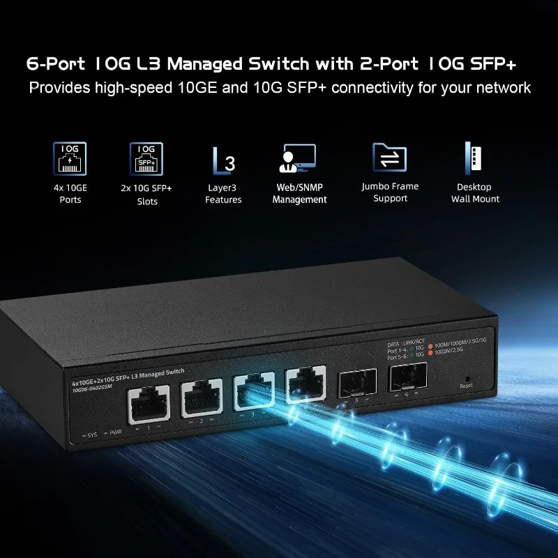 6 Port 10 Gigabit Managed Switch,   2x10G SFP+, 120Gbps Bandwidth, L3 Web Managed, Metal Small Network Switch