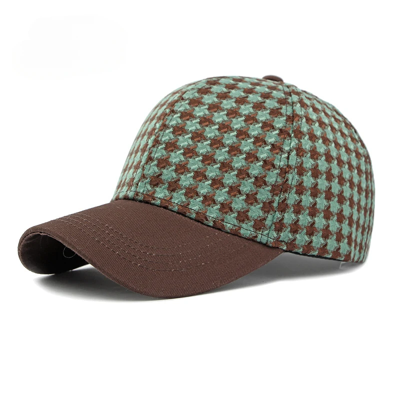 Women\'s Fashion Versatile Houndstooth Hard Top Baseball Cap Splicing Retro Sunshade Cap ffor Men