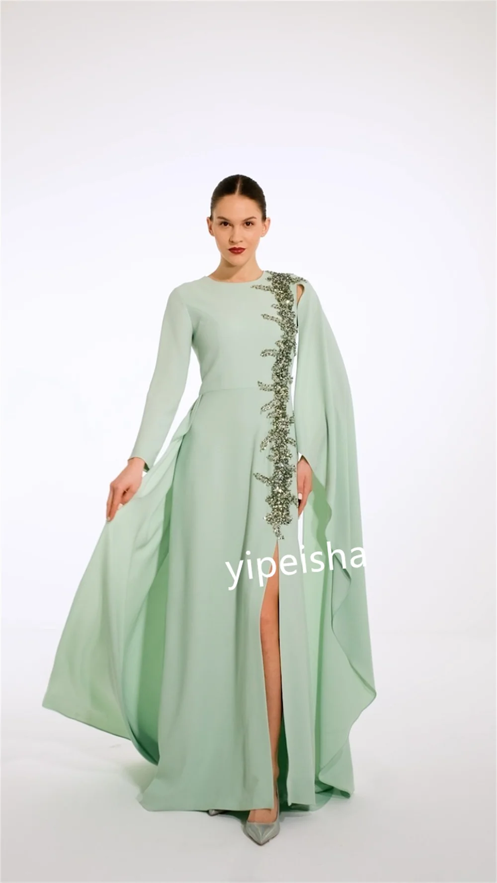 Vestido largo de gasa con apliques plisados para fiesta, joya recta, a medida, para ocasiones