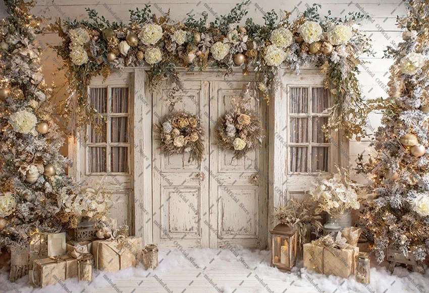 Latar Belakang Fotografi Mehofond Natal Musim Dingin Hutan Salju Berkilauan Pohon Pinus Anak-anak Potret Keluarga Dekorasi Latar Belakang Studio Foto