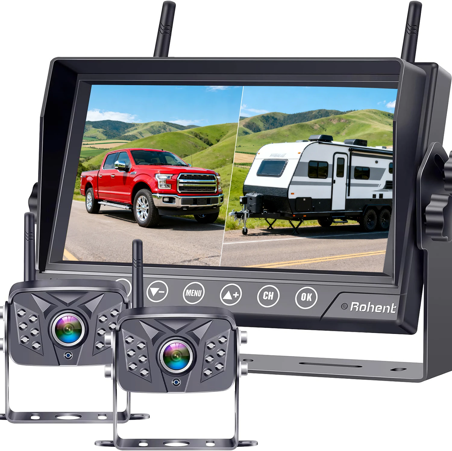 7''Furrion Pre-Wired RV Backup Camera System HD 1080P Wireless 2 Cameras Touch Key DVR Monitor Waterproof Rear View