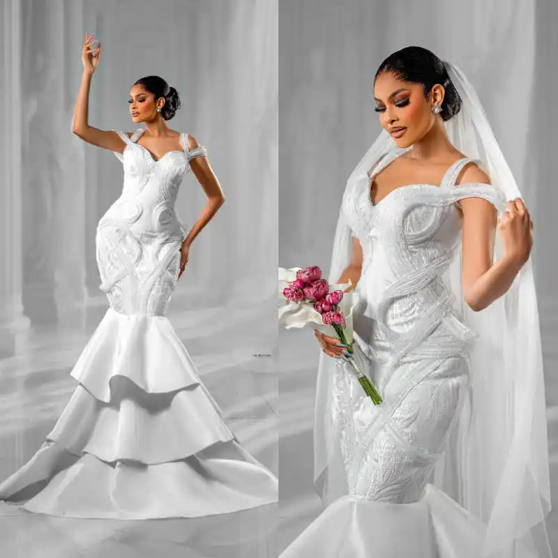 Modern Mermaid Wedding Dress V-Neck 3D-Lace Sleeveless Bridal Gowns Shine Sequins Appliques Vestina De Novia Size Customized