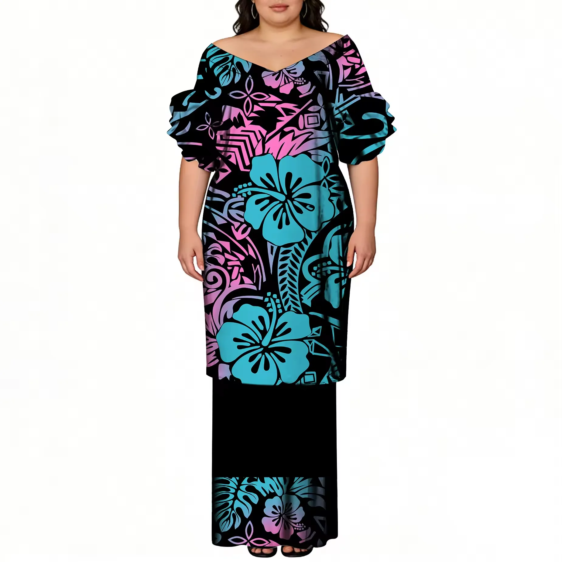 Fashion Polynesian Hawaii Puletasi 2 Piece Casual Off the Shoulder Dress Factory Outlet Large Size Frill Short Sleeve Dress