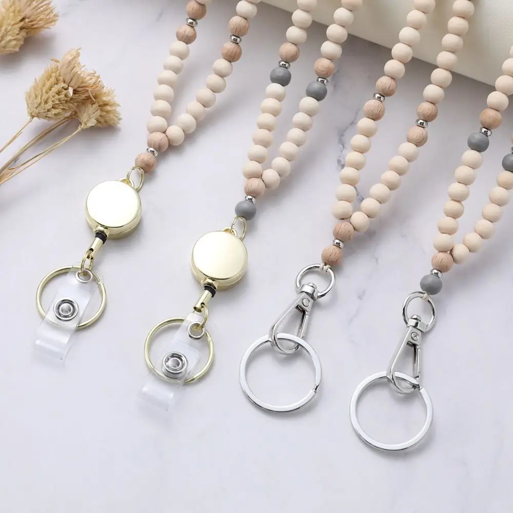 Retractable ID Badge Holder Lanyard Stainless Steel Clasp Natural Wood Bead Boho Keychain Necklace Multi-Functional