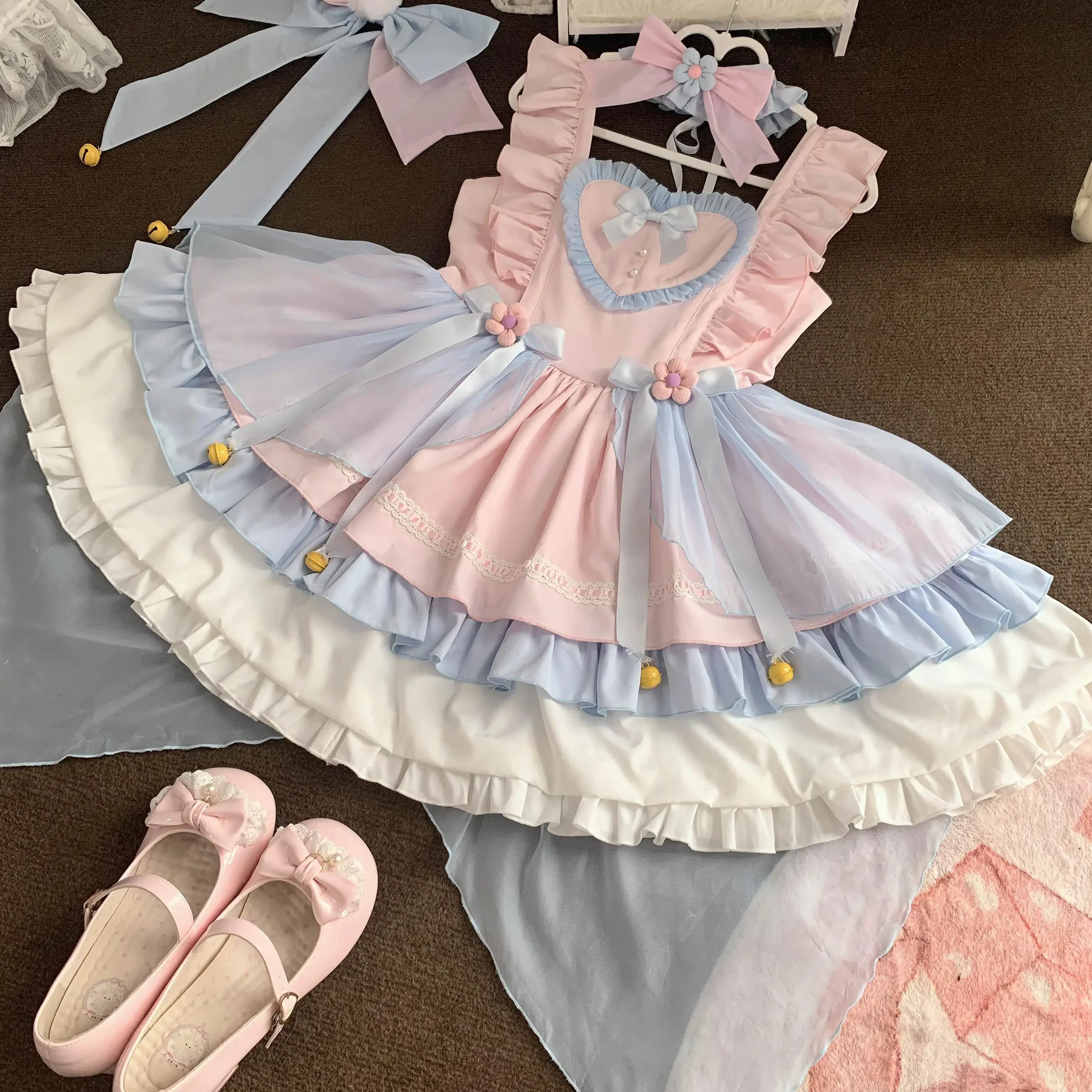 Japoński styl Lolita Suspender Dress Jsk Women's Cute Girls Sweet Kawaii Bow Short Dresses Y2k Maid Costume Spring and Summer