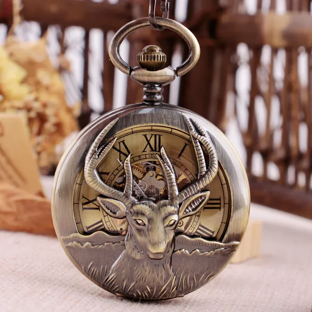 

Old Fashion Goat Design Hollow Half Hunter Clock Hand Wind Mechanical Skeleton Pocket Watch for Men Women Pendant Chain