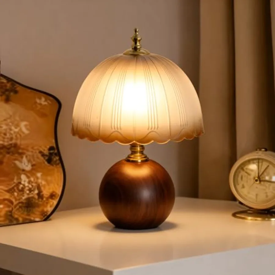 

11.8" Decorative Wooden Table Lamp with Frosted Glass Shade, Dimmable Bedside Nightstand Lamp with E26 Socket and 6Feet Cord, S