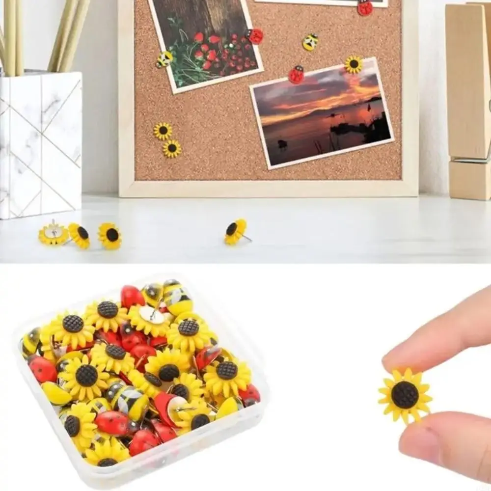 30Pcs Home Decoration Bees Sunflower Pushpins DIY 3D Ladybird Thumb Tacks Cute with Box Colored Flower Push Pins Wall Markers