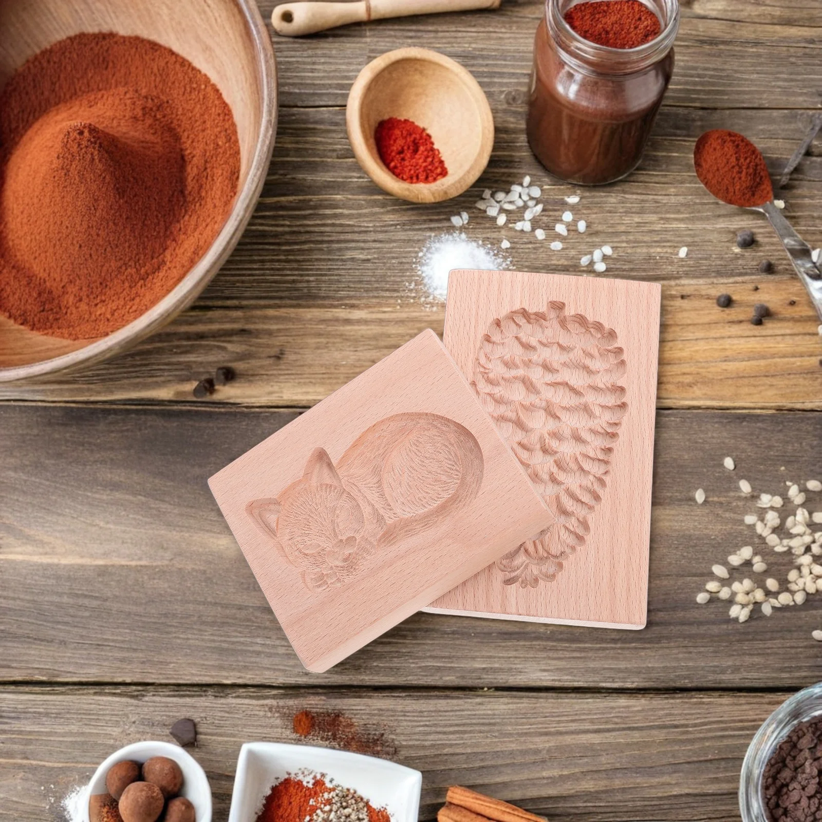 

2Pcs Wooden Cookie Molds Pine Cone and Cat Pattern 3D Cookie Press Stamps Biscuit Baking Mold Home Baking Tools