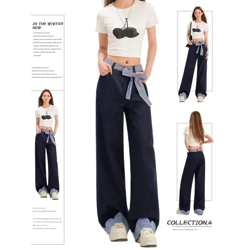 Y2K Women's Bow-Tie Belt Plaid Patchwork Jeans Loose Fit Wide Leg Winter Slimming Straight Casual Fashion Pants